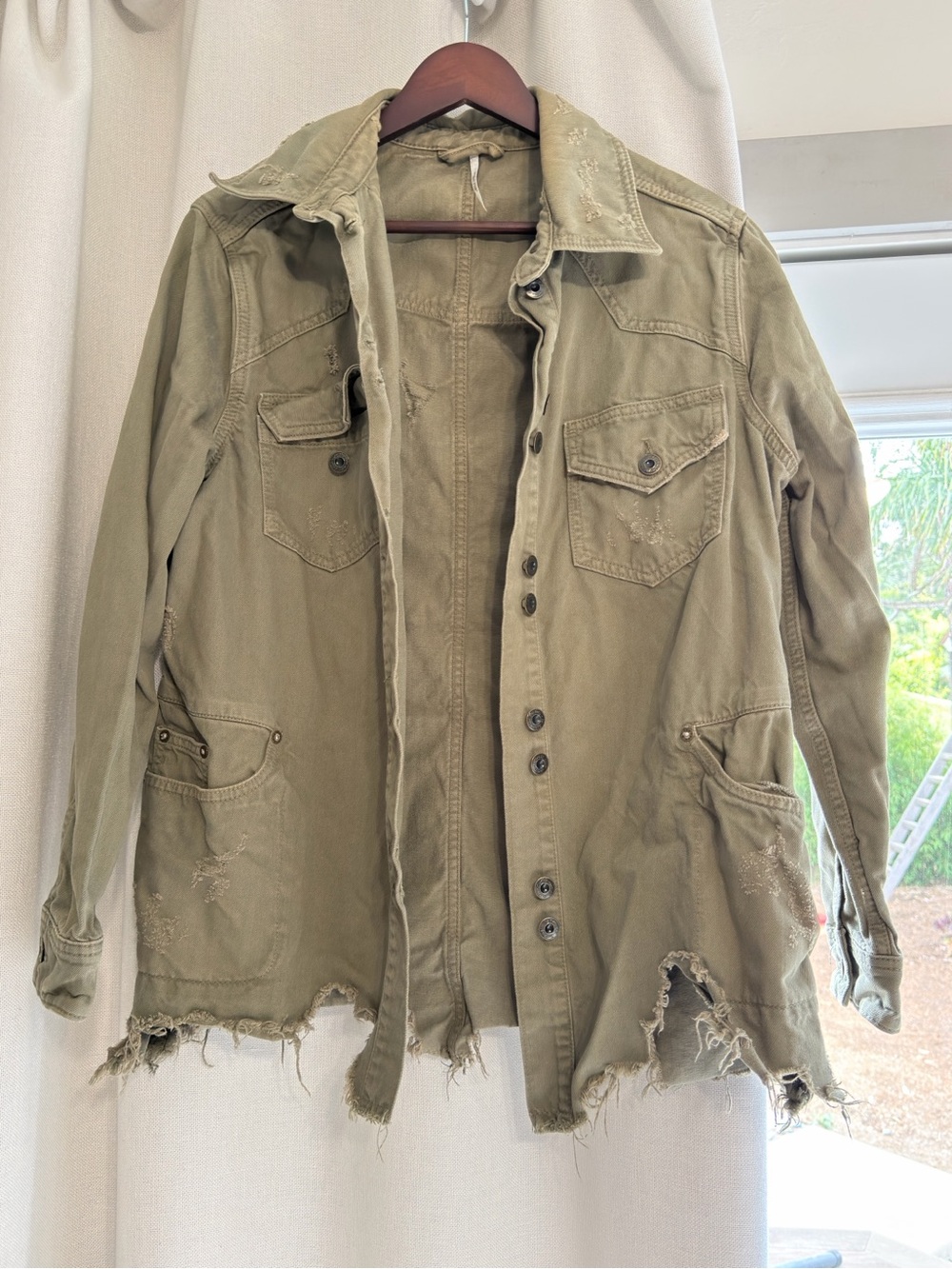 Free People Olive Green Distressed Military Field Jacket
